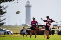 47th Kiama Sevens at Kiama Showground, Kiama, NSW. A Campbelltown player restarts play against Goulburn. Photo Rugby AU MediaStuart Walmsley