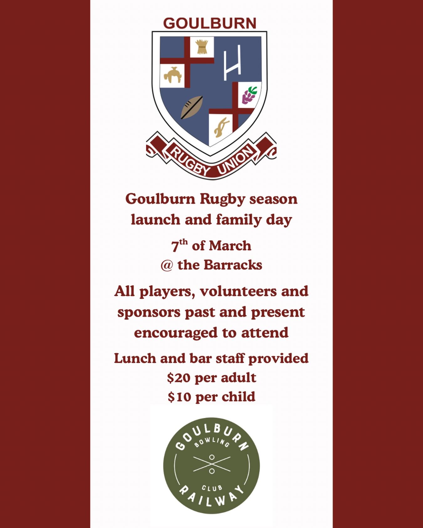 📅 Saturday 7th of March
📍 Barracks @ the Goulburn Railway Bowling Club

We’re kicking off the season with a relaxed family day and would love to see all current and past players, volunteers and sponsors there. Bring your partner, bring the kids, and enjoy a good afternoon of lawn bowls, music, food, and beverages. 

🛝Kids play area will be set up
🍻 Bar staff on site
🎶 Music throughout the afternoon

Lunch
$20 per adult
$10 per child

⏰ Start time: 2:00pm
🍽️ Lunch served: 2:30pm

Once the afternoon has concluded, join us at the Hibo to support our major sponsor. 

Payment details:
Name: Corbie A Yeo
BSB: 067 872
Account: 3467 3023

Please include your name and number of attendees in the payment reference.
Cut-off for payment is 27 February.

Any questions, give Corbie a call on 0478 735 331.