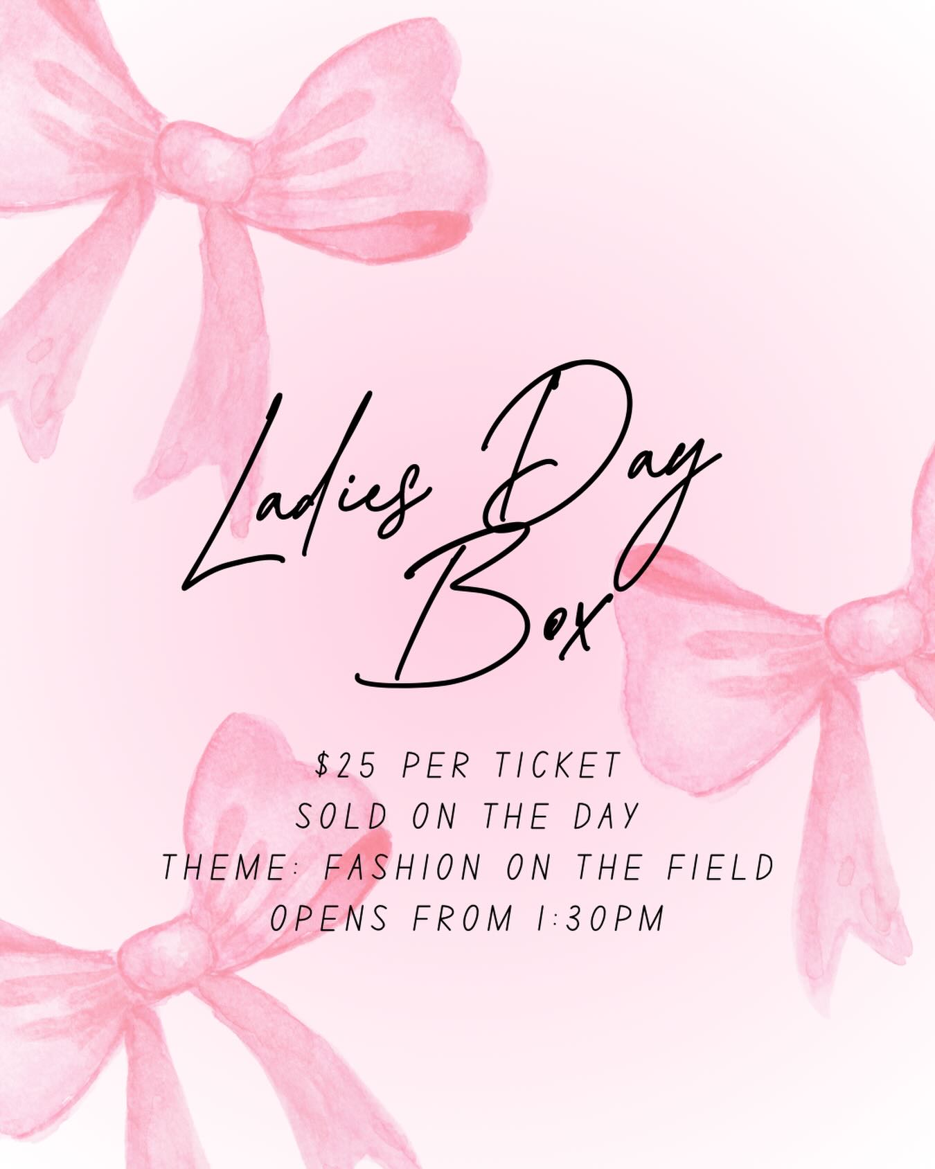 Don’t forget about the Ladies Day Box! 

For just $25 a ticket you’ll enjoy wine, cocktails, grazing plates, sandwiches, sweets, fun activities and all the good vibes 🍾

Tickets available for purchase at the canteen on the day 💅